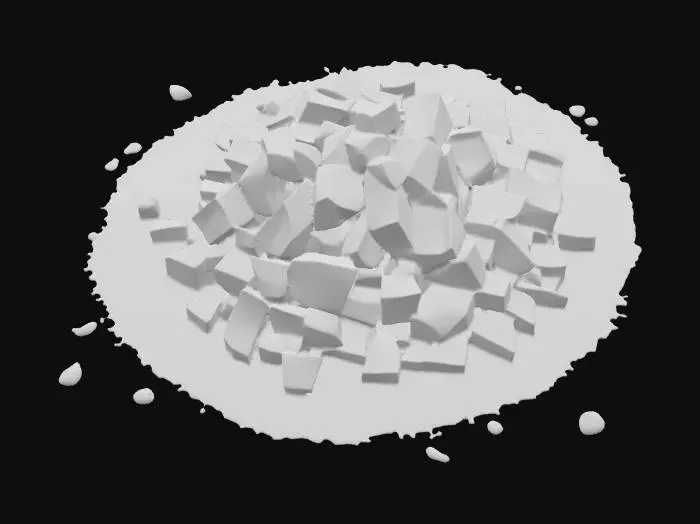 3D model for A small masonry debris pile, measuring 1x1x0.5 meters, forms a low, irregular mound. It consists of numerous scattered, angular small blocks of various sizes, primarily composed of a light, sandy-colored masonry material, possibly sandstone, with some darker fragments. The blocks have rough, broken surfaces and sharp edges. Fine, pale dust heavily coats and settles between the blocks, creating a soft, powdery texture. The pile feels fragmented and gritty to the touch, with individual pieces feeling solid and abrasive.