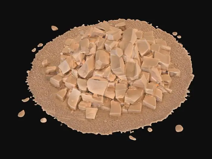 3D model for A small masonry debris pile, measuring 1x1x0.5 meters, forms a low, irregular mound. It consists of numerous scattered, angular small blocks of various sizes, primarily composed of a light, sandy-colored masonry material, possibly sandstone, with some darker fragments. The blocks have rough, broken surfaces and sharp edges. Fine, pale dust heavily coats and settles between the blocks, creating a soft, powdery texture. The pile feels fragmented and gritty to the touch, with individual pieces feeling solid and abrasive.