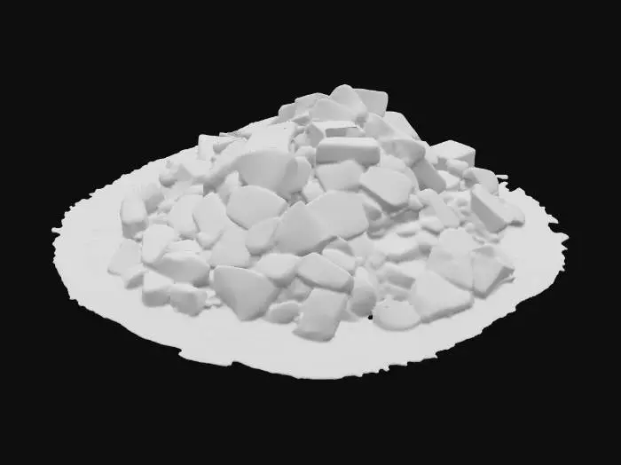 3D model for A small masonry debris pile, measuring 1x1x0.5 meters, forms a low, irregular mound. It consists of numerous scattered, angular small blocks of various sizes, primarily composed of a light, sandy-colored masonry material, possibly sandstone, with some darker fragments. The blocks have rough, broken surfaces and sharp edges. Fine, pale dust heavily coats and settles between the blocks, creating a soft, powdery texture. The pile feels fragmented and gritty to the touch, with individual pieces feeling solid and abrasive.