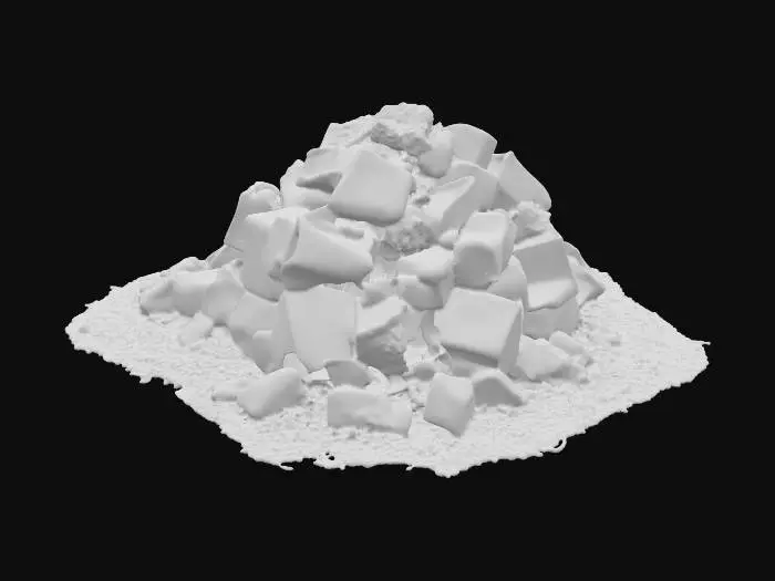 3D model for A small masonry debris pile, measuring 1x1x0.5 meters, forms a low, irregular mound. It consists of numerous scattered, angular small blocks of various sizes, primarily composed of a light, sandy-colored masonry material, possibly sandstone, with some darker fragments. The blocks have rough, broken surfaces and sharp edges. Fine, pale dust heavily coats and settles between the blocks, creating a soft, powdery texture. The pile feels fragmented and gritty to the touch, with individual pieces feeling solid and abrasive.