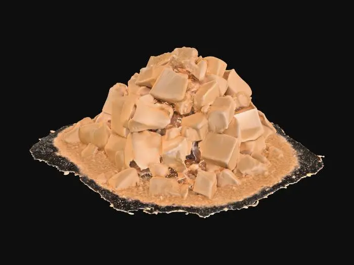 3D model for A small masonry debris pile, measuring 1x1x0.5 meters, forms a low, irregular mound. It consists of numerous scattered, angular small blocks of various sizes, primarily composed of a light, sandy-colored masonry material, possibly sandstone, with some darker fragments. The blocks have rough, broken surfaces and sharp edges. Fine, pale dust heavily coats and settles between the blocks, creating a soft, powdery texture. The pile feels fragmented and gritty to the touch, with individual pieces feeling solid and abrasive.