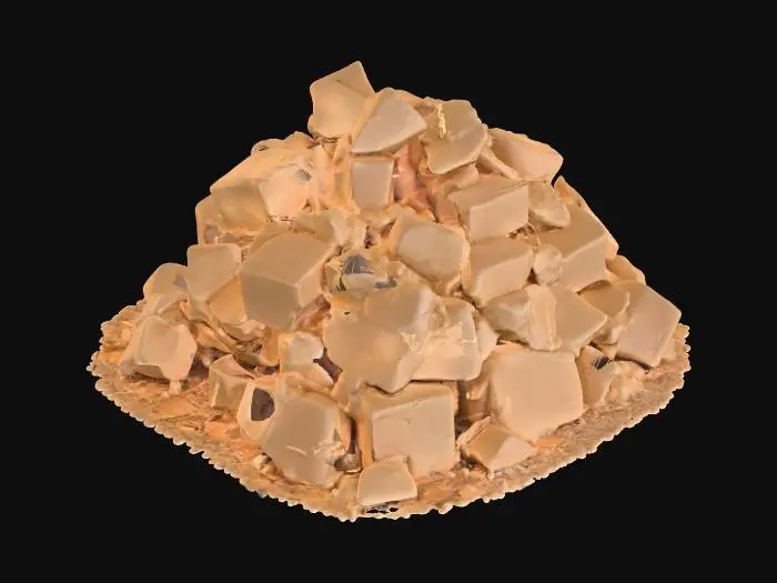 3D model for A small masonry debris pile, measuring 1x1x0.5 meters, forms a low, irregular mound. It consists of numerous scattered, angular small blocks of various sizes, primarily composed of a light, sandy-colored masonry material, possibly sandstone, with some darker fragments. The blocks have rough, broken surfaces and sharp edges. Fine, pale dust heavily coats and settles between the blocks, creating a soft, powdery texture. The pile feels fragmented and gritty to the touch, with individual pieces feeling solid and abrasive.