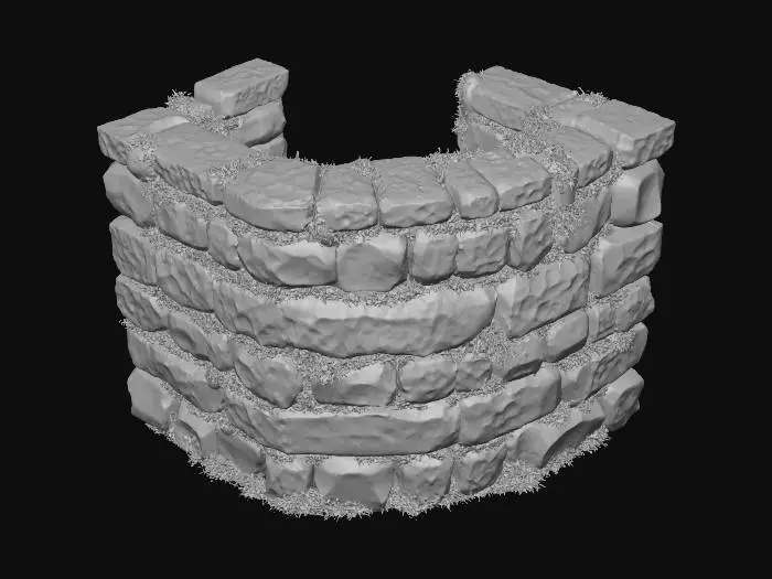 3D model for A robust corner module for a dry stone wall, forming a precise 90-degree turn, maintains the same 1.2-meter height and 0.6-meter thickness. It is meticulously constructed from irregularly stacked, rough-hewn stones in muted greys and earthy browns. The top is crowned with uneven coping stones, and broken stones are integrated seamlessly throughout. Numerous natural gaps are visible between the blocks, densely filled with vibrant green moss, ensuring continuity with linear sections. The texture is coarse and gritty stone, softened by the damp, velvety moss. Realism.