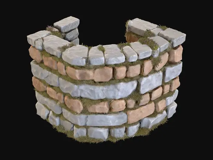 3D model for A robust corner module for a dry stone wall, forming a precise 90-degree turn, maintains the same 1.2-meter height and 0.6-meter thickness. It is meticulously constructed from irregularly stacked, rough-hewn stones in muted greys and earthy browns. The top is crowned with uneven coping stones, and broken stones are integrated seamlessly throughout. Numerous natural gaps are visible between the blocks, densely filled with vibrant green moss, ensuring continuity with linear sections. The texture is coarse and gritty stone, softened by the damp, velvety moss. Realism.