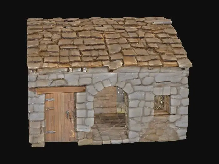 3D model for A robust kiln base house features rough limestone walls, partially covered with patches of faded limewash. Two simple, rectangular timber door openings interrupt the facade, one boarded up with weathered planks. Small, narrow slit windows pierce the walls. The roof is absent, leaving broken, ragged edges along the shallow parapet remains. The stone exhibits a coarse, gritty texture, interspersed with smoother limewash areas, hinting at moss and dampness in darker patches. Its interior is empty. Wide width.