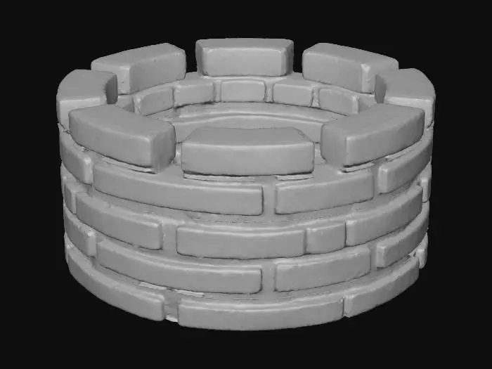 3D model for A rugged chimney cap/rim module, designed for a 5-meter diameter shaft, forms a slightly irregular, broken ring. It is composed of exposed, weathered bricks with numerous chips and fractures, giving it a rough, fragmented appearance. The brickwork is a muted, earthy red-brown, contrasting sharply with the heavy, dark black soot that heavily coats its inner lip. The texture is gritty and coarse from the bricks, with a powdery, uneven feel on the sooted surfaces, feeling solid yet fragile. Realism.