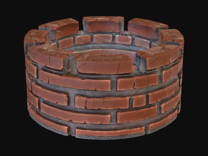3D model for A rugged chimney cap/rim module, designed for a 5-meter diameter shaft, forms a slightly irregular, broken ring. It is composed of exposed, weathered bricks with numerous chips and fractures, giving it a rough, fragmented appearance. The brickwork is a muted, earthy red-brown, contrasting sharply with the heavy, dark black soot that heavily coats its inner lip. The texture is gritty and coarse from the bricks, with a powdery, uneven feel on the sooted surfaces, feeling solid yet fragile. Realism.