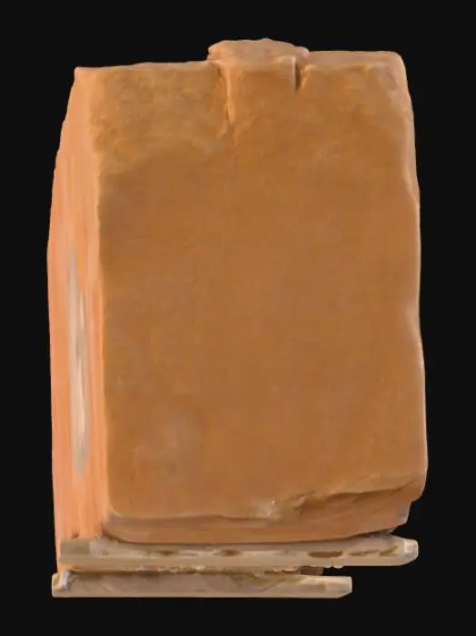 3D model for A sturdy, flat sandstone caprock slab, measuring 3x5x0.6 meters, designed as a natural tabletop or elevated surface. Its broad, up-facing deck is subtly covered with a fine layer of dust, suggesting exposure to arid elements. The underside is distinctly rough and irregular, contrasting with the relatively smooth, though textured, top. Composed of robust sandstone, it displays a warm, earthy palette of light ochre and sandy browns, with a granular and weathered overall texture.