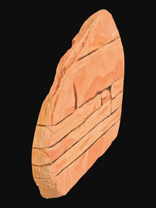 3D model for An imposing outside-corner sandstone piece, specifically crafted to form a natural-looking exterior angle. It prominently displays layered bedding that extends seamlessly across the corner, emphasizing its geological formation. The arrises are naturally chipped, adding to its rugged and weathered appearance, as if shaped by centuries of erosion. Composed of durable sandstone, it presents a granular texture and warm, earthy ochre and reddish-brown tones, making it a robust and authentic corner element for rock formations.