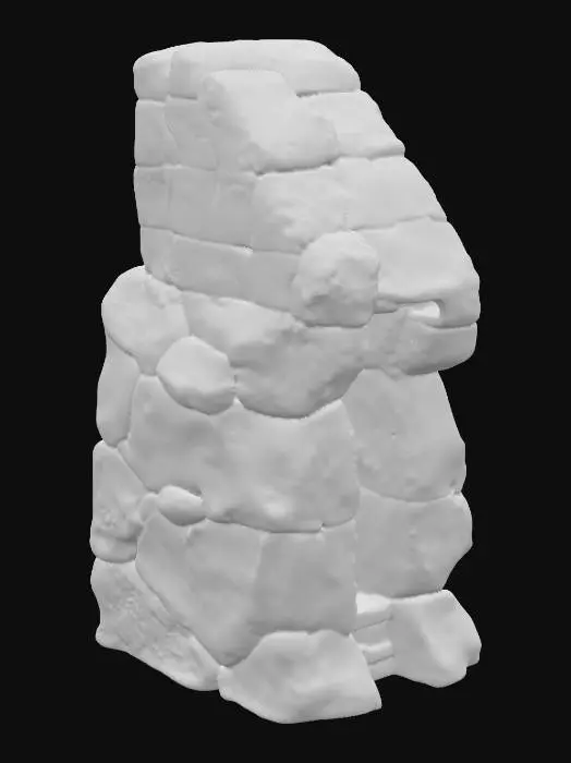 3D model for A substantial sandstone buttress, measuring 8x6x6 meters, designed to serve as a robust bridge anchor. It features prominent sloped shoulders that provide structural stability and a natural, eroded appearance. The surface is crisscrossed with distinct fracture planes, indicating immense geological pressure and adding rugged detail. Composed of durable, coarse-grained sandstone, it exhibits warm ochre and reddish-brown hues, with a rough, granular texture across its weathered and solid form.