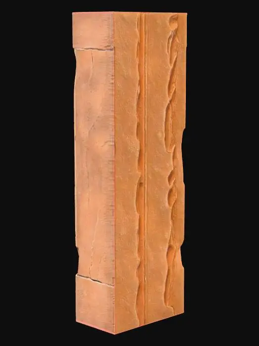 3D model for A modular sandstone rib segment, measuring 4x4x4 meters, featuring flat end caps designed for seamless tiling and structural continuity. It possesses a subtle taper along its length, giving it a natural, organic flow. The underside is distinctly scalloped, adding an eroded texture and visual interest. Composed of coarse-grained sandstone, it displays warm ochre and reddish-brown hues, with a rough, granular surface that mimics naturally weathered rock formations.