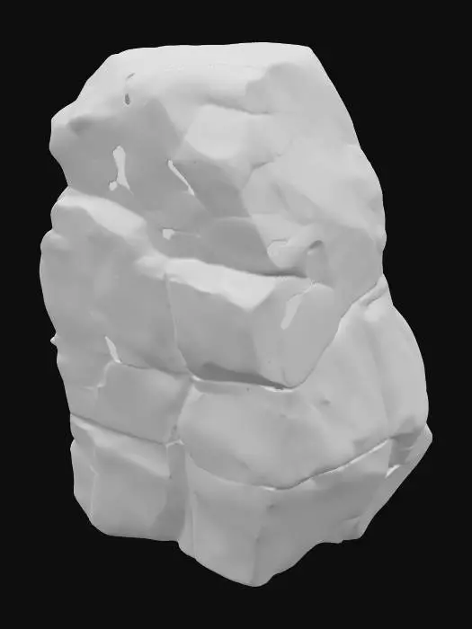 3D model for A large, blocky talus rock, measuring 1.0x0.7x0.5 meters, characterized by its substantial, irregular form. Its surfaces are defined by prominent fracture planes that intersect, creating a rugged and angular appearance. The corners are distinctly weathered and rounded by erosion, softening their sharp edges. Composed of robust sandstone, it exhibits a granular, rough texture and a palette of warm, earthy ochre and reddish-brown tones, conveying a sense of age and natural geological formation.