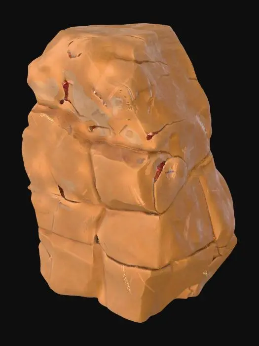 3D model for A large, blocky talus rock, measuring 1.0x0.7x0.5 meters, characterized by its substantial, irregular form. Its surfaces are defined by prominent fracture planes that intersect, creating a rugged and angular appearance. The corners are distinctly weathered and rounded by erosion, softening their sharp edges. Composed of robust sandstone, it exhibits a granular, rough texture and a palette of warm, earthy ochre and reddish-brown tones, conveying a sense of age and natural geological formation.