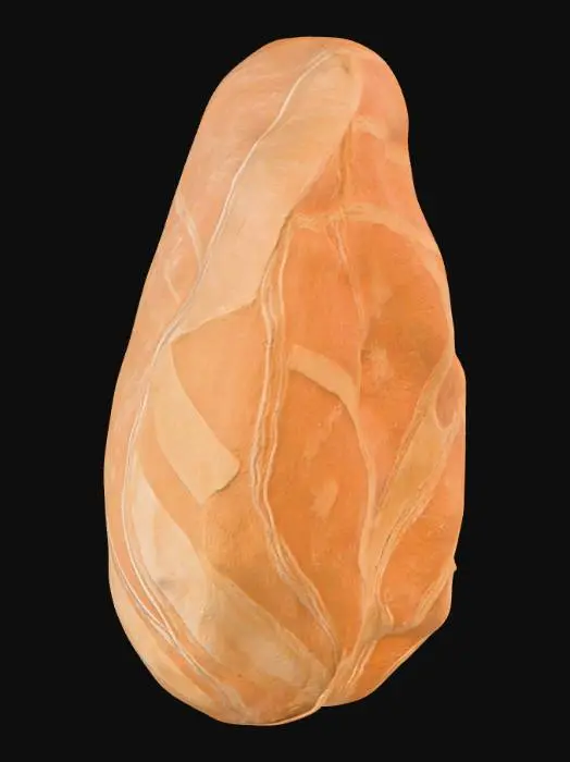 3D model for A substantial, rounded sandstone boulder measures approximately 1.5 x 1.2 x 1.0 meters, presenting a softened, organic form with no sharp edges. Its smoothed surfaces exhibit a fine, gritty texture characteristic of sandstone, which feels firm and cool to the touch. The coloration is primarily a warm, earthy ochre, interwoven with subtle bands of lighter cream and deeper reddish-brown that indicate delicate cross-bedding patterns across its face.