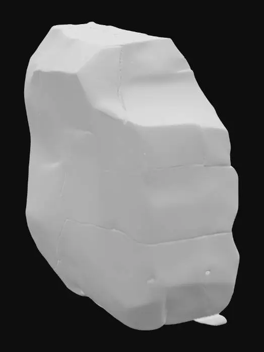 3D model for A colossal hero sandstone boulder, measuring 3.0 x 2.0 x 1.6 meters, dominates with its irregular, imposing shape and strikingly dramatic, deep fractures that cleave through its mass. The stone's primary color is a warm, sun-baked orange-brown, offset by areas of darker, glossy desert varnish that cling to its weathered surfaces. Its texture is coarse and abrasive, typical of sandstone, with the fractured edges feeling sharper and more exposed, revealing lighter, unfaded rock within.