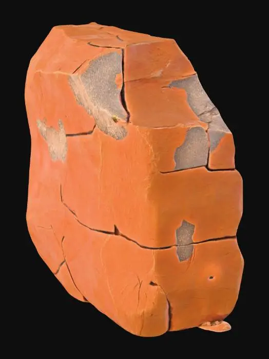 3D model for A colossal hero sandstone boulder, measuring 3.0 x 2.0 x 1.6 meters, dominates with its irregular, imposing shape and strikingly dramatic, deep fractures that cleave through its mass. The stone's primary color is a warm, sun-baked orange-brown, offset by areas of darker, glossy desert varnish that cling to its weathered surfaces. Its texture is coarse and abrasive, typical of sandstone, with the fractured edges feeling sharper and more exposed, revealing lighter, unfaded rock within.