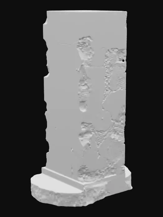 3D model for A story-height sandstone wall, measuring 2x3.5x0.35 meters, presents a substantial, rectangular form. Its surface is a warm, earthy ochre, exhibiting numerous chipped edges that lend it a rugged, aged appearance. Subtle, shallow relief patterns are integrated across its face, providing a gentle visual texture without being overly prominent. The overall material feels coarse and granular to the touch, characteristic of natural sandstone, with the chipped areas offering a slightly sharper, more uneven tactile quality.