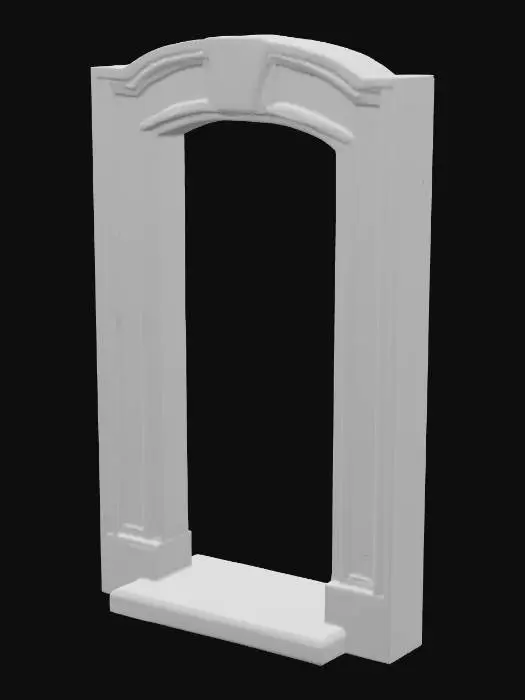 3D model for A sandstone door frame, measuring 1.0x2.2x0.3 meters, forms a sturdy rectangular archway. Its warm, sandy beige hue exhibits natural variations and a fine, gritty texture throughout. The inner edges of the frame feature a subtle bevel, creating a clean, angled transition. The sill, at the base, is noticeably worn and smoothed from extensive use, contrasting with the slightly rougher, chiselled appearance of the vertical uprights. The entire structure feels solid and firmly grounded.
