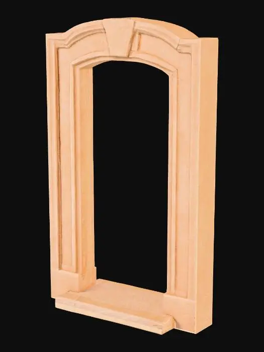 3D model for A sandstone door frame, measuring 1.0x2.2x0.3 meters, forms a sturdy rectangular archway. Its warm, sandy beige hue exhibits natural variations and a fine, gritty texture throughout. The inner edges of the frame feature a subtle bevel, creating a clean, angled transition. The sill, at the base, is noticeably worn and smoothed from extensive use, contrasting with the slightly rougher, chiselled appearance of the vertical uprights. The entire structure feels solid and firmly grounded.