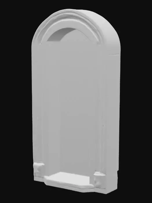 3D model for A sandstone door frame, measuring 1.0x2.2x0.3 meters, forms a sturdy rectangular archway. Its warm, sandy beige hue exhibits natural variations and a fine, gritty texture throughout. The inner edges of the frame feature a subtle bevel, creating a clean, angled transition. The sill, at the base, is noticeably worn and smoothed from extensive use, contrasting with the slightly rougher, chiselled appearance of the vertical uprights. The entire structure feels solid and firmly grounded.