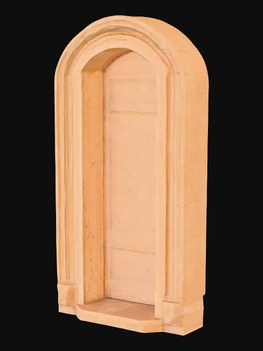 3D model for A sandstone door frame, measuring 1.0x2.2x0.3 meters, forms a sturdy rectangular archway. Its warm, sandy beige hue exhibits natural variations and a fine, gritty texture throughout. The inner edges of the frame feature a subtle bevel, creating a clean, angled transition. The sill, at the base, is noticeably worn and smoothed from extensive use, contrasting with the slightly rougher, chiselled appearance of the vertical uprights. The entire structure feels solid and firmly grounded.