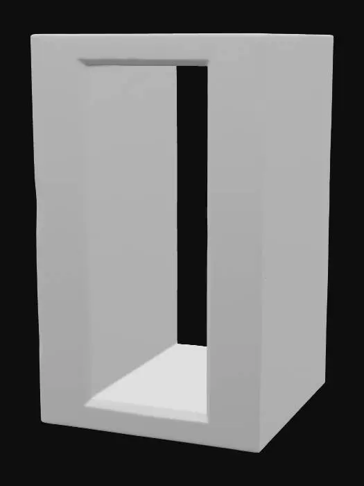 3D model for A vertical window slit, measuring 0.3x0.9x0.3 meters, forms a narrow, deep opening within a robust wall structure. The stone, likely a type of sandstone, is a muted, sandy brown, exhibiting a fine, gritty texture across its main surfaces. A distinctive chamfered reveal angles smoothly outwards from the inner edge of the slit, creating a finished, widened opening on one side. This chamfered surface feels cool and subtly polished, contrasting with the rougher, exposed facets of the surrounding stone.