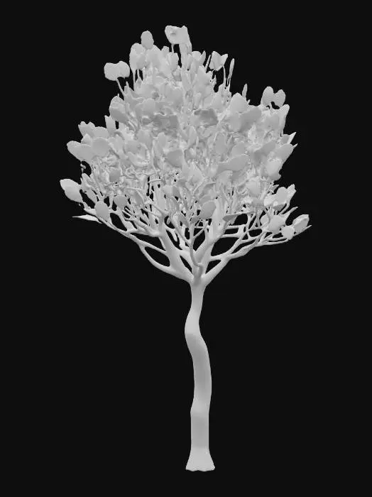3D model for An arid, saltbush-like shrub stands approximately 0.8 meters tall, forming a dense, irregular bush. It is characterized by a multitude of thin, wiry twigs that branch outwards, supporting a profusion of small, oval-shaped leaves. The foliage possesses a distinct, muted gray-green coloration, heavily overlaid with a fine, pale dusty appearance, giving it a parched and subtle matte finish. Its texture feels dry and slightly brittle to the touch, with the woody twigs providing a rougher, gnarled tactile quality.