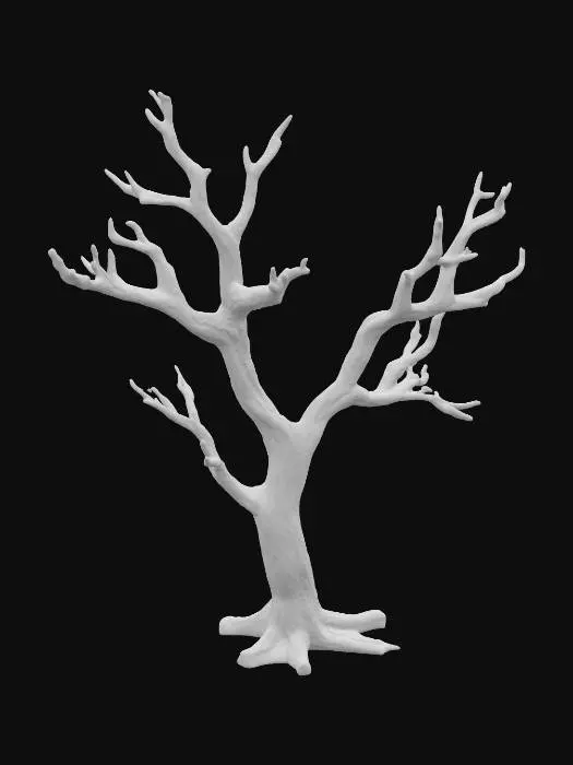 3D model for A dead desert shrub, standing approximately 0.7 meters tall, forms a desolate, tangled mass of dry, skeletal twigs with no remaining leaves. Its woody structure is severely sun-bleached, exhibiting faded, pale grays and desaturated browns, giving it an aged, brittle appearance. Many twigs are snapped and broken, creating sharp, uneven ends that add to its desolate character. The texture is uniformly dry and rough to the touch, feeling fragile and easily splintered.