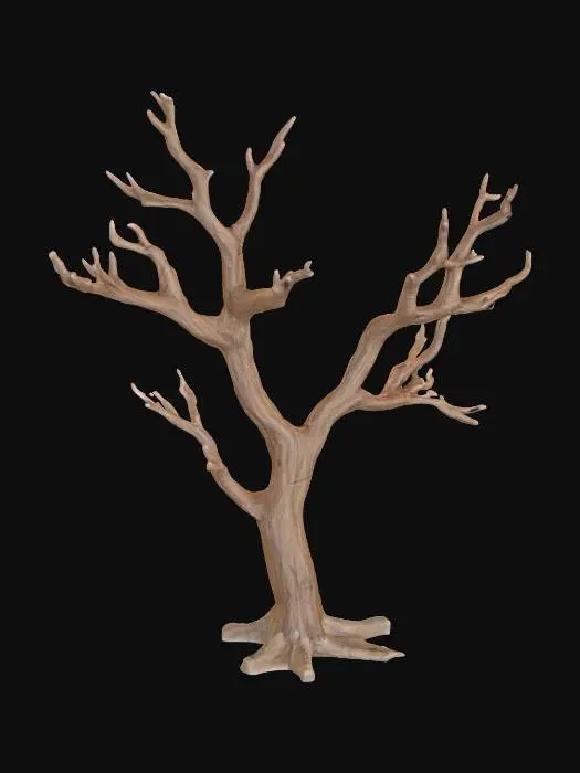 3D model for A dead desert shrub, standing approximately 0.7 meters tall, forms a desolate, tangled mass of dry, skeletal twigs with no remaining leaves. Its woody structure is severely sun-bleached, exhibiting faded, pale grays and desaturated browns, giving it an aged, brittle appearance. Many twigs are snapped and broken, creating sharp, uneven ends that add to its desolate character. The texture is uniformly dry and rough to the touch, feeling fragile and easily splintered.