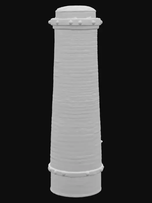 3D model for An 85-meter tall, subtly tapered masonry smokestack exhibits a chunky, irregular silhouette. Its rough surface features chipped brick edges, cracked mortar, and a forged iron collar marking an octagonal-to-round transition. Weathered lead-patched bands, a vertical inspection seam, and a ragged rim with missing bricks are visible. Dark soot, lower dampness, and exfoliating flakes mark its solid, aged form. A dark metal liner is visible in the interior top.