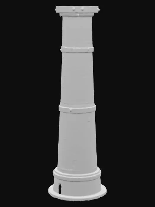 3D model for An 85-meter tall, subtly tapered masonry smokestack exhibits a chunky, irregular silhouette. Its rough surface features chipped brick edges, cracked mortar, and a forged iron collar marking an octagonal-to-round transition. Weathered lead-patched bands, a vertical inspection seam, and a ragged rim with missing bricks are visible. Dark soot, lower dampness, and exfoliating flakes mark its solid, aged form. A dark metal liner is visible in the interior top.