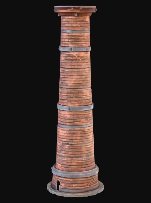 3D model for An 85-meter tall, subtly tapered masonry smokestack exhibits a chunky, irregular silhouette. Its rough surface features chipped brick edges, cracked mortar, and a forged iron collar marking an octagonal-to-round transition. Weathered lead-patched bands, a vertical inspection seam, and a ragged rim with missing bricks are visible. Dark soot, lower dampness, and exfoliating flakes mark its solid, aged form. A dark metal liner is visible in the interior top.