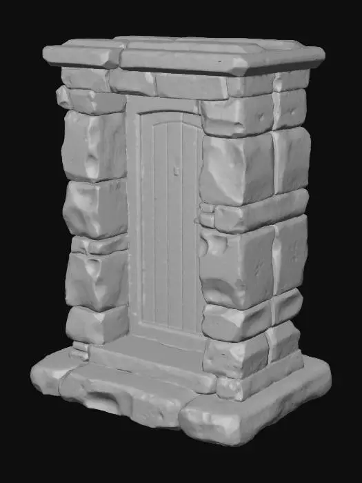 3D model for A small, sturdy square stone plinth, crafted from rough-hewn, variegated greyish-brown stone, forms a solid base. Attached to its side is a tiny, blocky hut, likely of simple timber, with a single, plain wooden door and no visible windows. The plinth's surface is coarse and firm, while the hut's exterior appears somewhat weathered, creating a humble, utilitarian silhouette suitable for distant views. Realism.