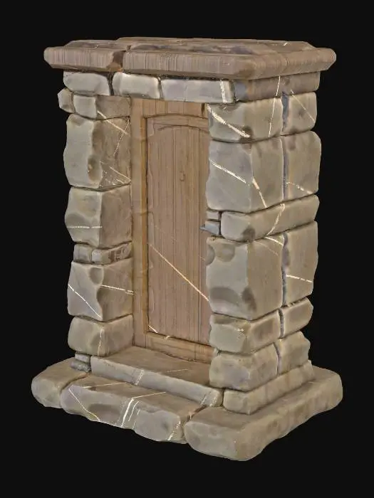 3D model for A small, sturdy square stone plinth, crafted from rough-hewn, variegated greyish-brown stone, forms a solid base. Attached to its side is a tiny, blocky hut, likely of simple timber, with a single, plain wooden door and no visible windows. The plinth's surface is coarse and firm, while the hut's exterior appears somewhat weathered, creating a humble, utilitarian silhouette suitable for distant views. Realism.