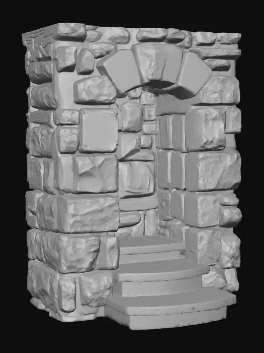 3D model for A robust stone stile insert, designed to seamlessly fit within a dry stone wall, features two distinct steps. Crafted from the same irregular, rough-hewn stone as the wall, its muted grey and earthy brown hues blend naturally. The surfaces of the two steps are noticeably smoothed and worn from countless footsteps, contrasting with the coarse, gritty texture of the surrounding unworked stone. This solid structure feels cool and firm, offering a distinct difference between its smooth, trodden surfaces and its rough, natural edges. Realism.