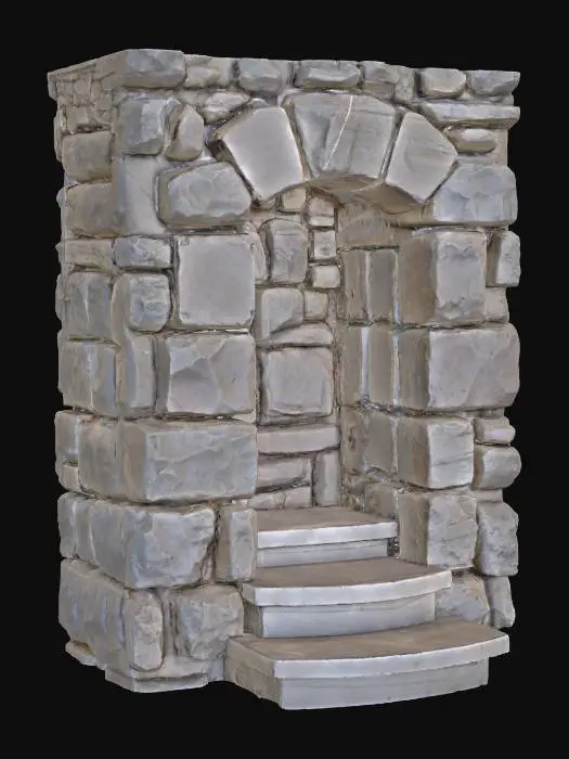 3D model for A robust stone stile insert, designed to seamlessly fit within a dry stone wall, features two distinct steps. Crafted from the same irregular, rough-hewn stone as the wall, its muted grey and earthy brown hues blend naturally. The surfaces of the two steps are noticeably smoothed and worn from countless footsteps, contrasting with the coarse, gritty texture of the surrounding unworked stone. This solid structure feels cool and firm, offering a distinct difference between its smooth, trodden surfaces and its rough, natural edges. Realism.