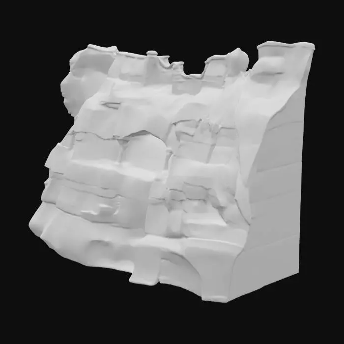 3D model for A majestic sandstone wall, distinguished by its impressive scale and dramatic geological features. It boasts several broad, deeply carved alcove scoops that create sheltered recesses, contrasted by resistant ledge bands that protrude slightly, emphasizing its layered structure. The robust sandstone material exhibits warm, sun-baked ochre and reddish-brown tones, with a finely detailed, granular texture. Its flat back ensures easy integration, and its rugged, solid appearance conveys immense natural strength.