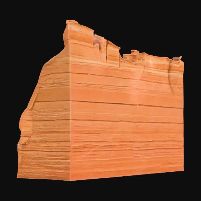 3D model for A majestic sandstone wall, distinguished by its impressive scale and dramatic geological features. It boasts several broad, deeply carved alcove scoops that create sheltered recesses, contrasted by resistant ledge bands that protrude slightly, emphasizing its layered structure. The robust sandstone material exhibits warm, sun-baked ochre and reddish-brown tones, with a finely detailed, granular texture. Its flat back ensures easy integration, and its rugged, solid appearance conveys immense natural strength.