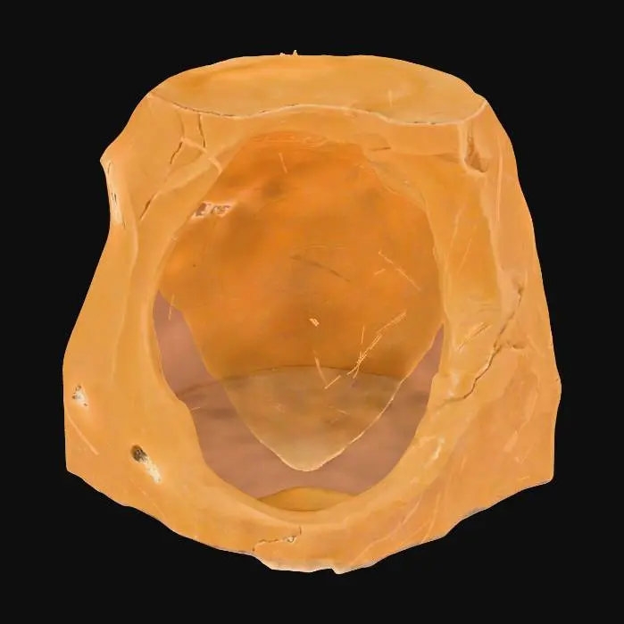 3D model for A compact sandstone alcove bowl featuring a noticeably tighter, deeper cavity. Its surface is detailed with numerous exfoliation chips, revealing fresh layers of rock and contributing to a rough, fractured texture. The underhang of the alcove is distinctively darkened with a natural desert varnish, providing a striking contrast to the lighter ochre and russet tones of the sandstone. The robust material is granular, with a weathered yet solid appearance, perfect for a natural rock formation.
