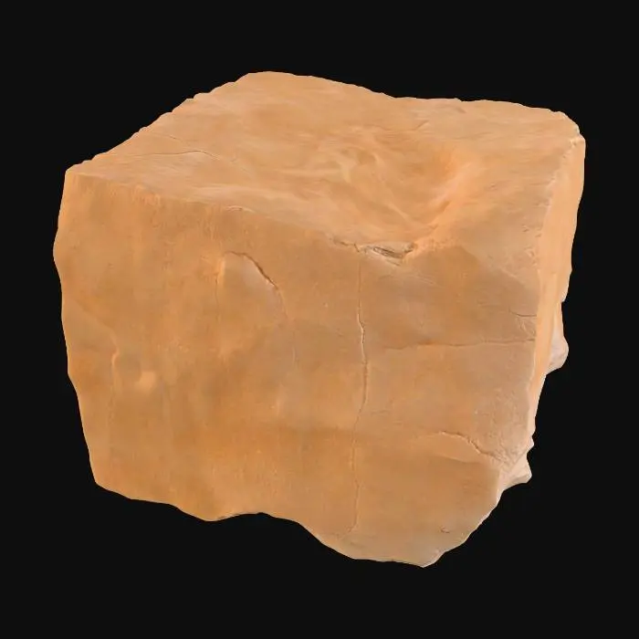 3D model for A sturdy, flat sandstone caprock slab, measuring 3x5x0.6 meters, designed as a natural tabletop or elevated surface. Its broad, up-facing deck is subtly covered with a fine layer of dust, suggesting exposure to arid elements. The underside is distinctly rough and irregular, contrasting with the relatively smooth, though textured, top. Composed of robust sandstone, it displays a warm, earthy palette of light ochre and sandy browns, with a granular and weathered overall texture.