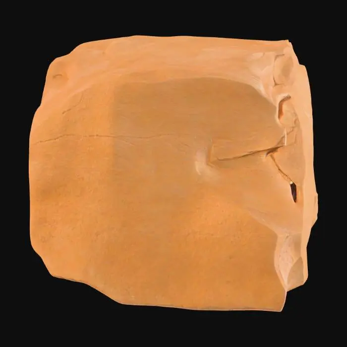 3D model for A sturdy, flat sandstone caprock slab, measuring 3x5x0.6 meters, designed as a natural tabletop or elevated surface. Its broad, up-facing deck is subtly covered with a fine layer of dust, suggesting exposure to arid elements. The underside is distinctly rough and irregular, contrasting with the relatively smooth, though textured, top. Composed of robust sandstone, it displays a warm, earthy palette of light ochre and sandy browns, with a granular and weathered overall texture.