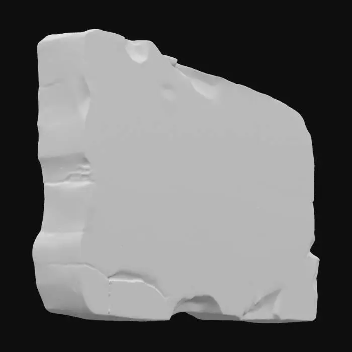 3D model for A massive sandstone caprock slab, measuring 5x8x1 meters, conveying immense age and natural wear. Its broad, flat surface is prominently marked by long, linear cracks that traverse its expanse, adding significant character. The entire perimeter is extensively chipped, suggesting centuries of erosion and exposure to harsh elements. Composed of durable sandstone, it exhibits a rugged, granular texture and a palette of weathered ochre and earthy brown tones, presenting a powerful, ancient geological presence.