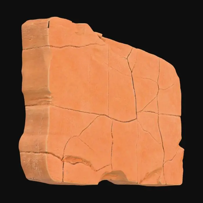 3D model for A massive sandstone caprock slab, measuring 5x8x1 meters, conveying immense age and natural wear. Its broad, flat surface is prominently marked by long, linear cracks that traverse its expanse, adding significant character. The entire perimeter is extensively chipped, suggesting centuries of erosion and exposure to harsh elements. Composed of durable sandstone, it exhibits a rugged, granular texture and a palette of weathered ochre and earthy brown tones, presenting a powerful, ancient geological presence.