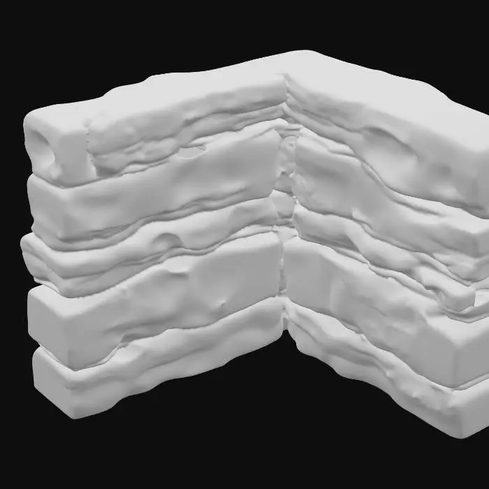 3D model for An inside-corner sandstone piece, meticulously designed to seamlessly join wall panels at a precise 90-degree angle. It features continuous, flowing sedimentary strata that wrap around its form, ensuring geological integrity. The robust sandstone material exhibits a granular, weathered texture, showcasing a palette of warm ochre and reddish-brown hues. Its substantial structure provides a solid, natural-looking junction point, with a rugged appearance consistent with eroded rock formations.