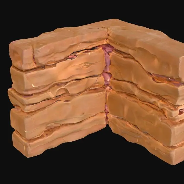 3D model for An inside-corner sandstone piece, meticulously designed to seamlessly join wall panels at a precise 90-degree angle. It features continuous, flowing sedimentary strata that wrap around its form, ensuring geological integrity. The robust sandstone material exhibits a granular, weathered texture, showcasing a palette of warm ochre and reddish-brown hues. Its substantial structure provides a solid, natural-looking junction point, with a rugged appearance consistent with eroded rock formations.