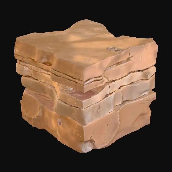 3D model for An imposing outside-corner sandstone piece, specifically crafted to form a natural-looking exterior angle. It prominently displays layered bedding that extends seamlessly across the corner, emphasizing its geological formation. The arrises are naturally chipped, adding to its rugged and weathered appearance, as if shaped by centuries of erosion. Composed of durable sandstone, it presents a granular texture and warm, earthy ochre and reddish-brown tones, making it a robust and authentic corner element for rock formations.