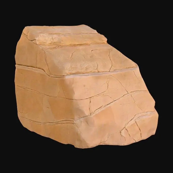 3D model for An imposing outside-corner sandstone piece, specifically crafted to form a natural-looking exterior angle. It prominently displays layered bedding that extends seamlessly across the corner, emphasizing its geological formation. The arrises are naturally chipped, adding to its rugged and weathered appearance, as if shaped by centuries of erosion. Composed of durable sandstone, it presents a granular texture and warm, earthy ochre and reddish-brown tones, making it a robust and authentic corner element for rock formations.