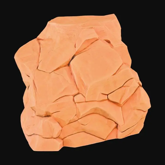 3D model for A substantial sandstone buttress, measuring 8x6x6 meters, designed to serve as a robust bridge anchor. It features prominent sloped shoulders that provide structural stability and a natural, eroded appearance. The surface is crisscrossed with distinct fracture planes, indicating immense geological pressure and adding rugged detail. Composed of durable, coarse-grained sandstone, it exhibits warm ochre and reddish-brown hues, with a rough, granular texture across its weathered and solid form.