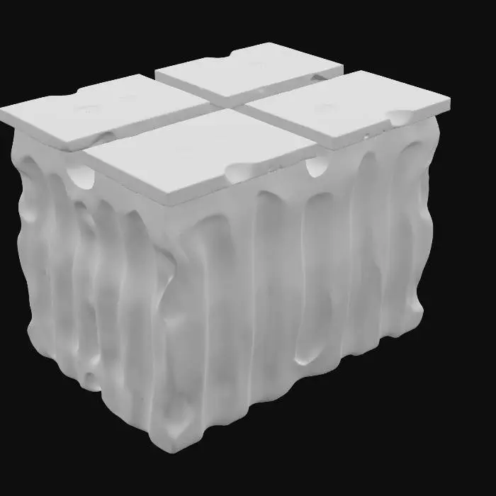 3D model for A modular sandstone rib segment, measuring 4x4x4 meters, featuring flat end caps designed for seamless tiling and structural continuity. It possesses a subtle taper along its length, giving it a natural, organic flow. The underside is distinctly scalloped, adding an eroded texture and visual interest. Composed of coarse-grained sandstone, it displays warm ochre and reddish-brown hues, with a rough, granular surface that mimics naturally weathered rock formations.
