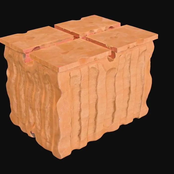 3D model for A modular sandstone rib segment, measuring 4x4x4 meters, featuring flat end caps designed for seamless tiling and structural continuity. It possesses a subtle taper along its length, giving it a natural, organic flow. The underside is distinctly scalloped, adding an eroded texture and visual interest. Composed of coarse-grained sandstone, it displays warm ochre and reddish-brown hues, with a rough, granular surface that mimics naturally weathered rock formations.